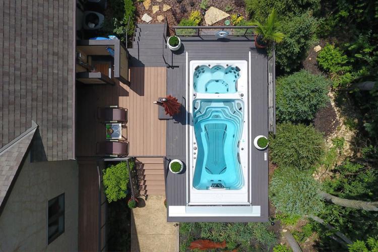 Aerial view of swim spa in backyard